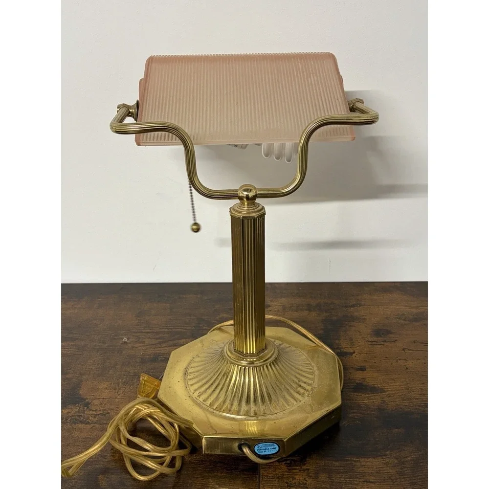 Vintage Ribbed Glass Shade Brass Bankers Desk Lamp Piano Light Art Deco AS IS